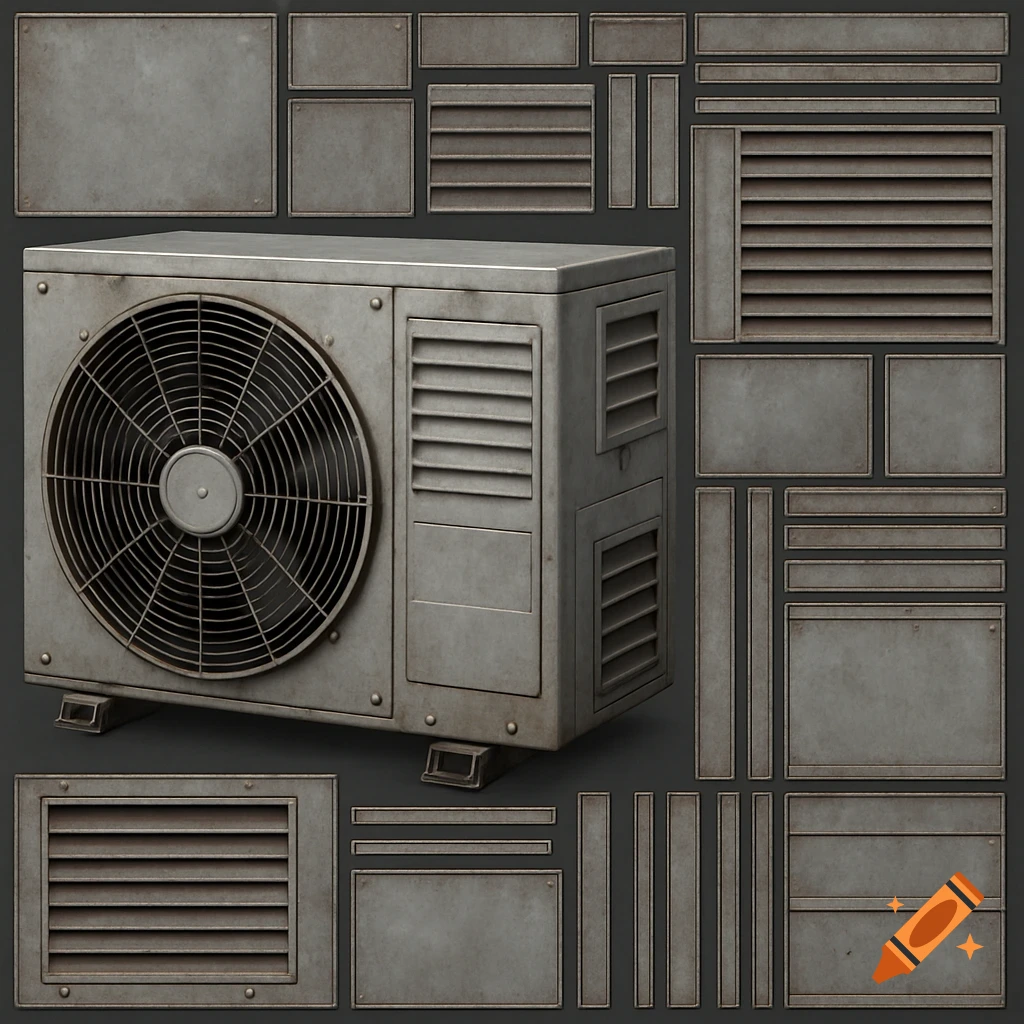 A 3D rendering of a gray air conditioner unit with a large circular fan, surrounded by its disassembled UV texture map panels.