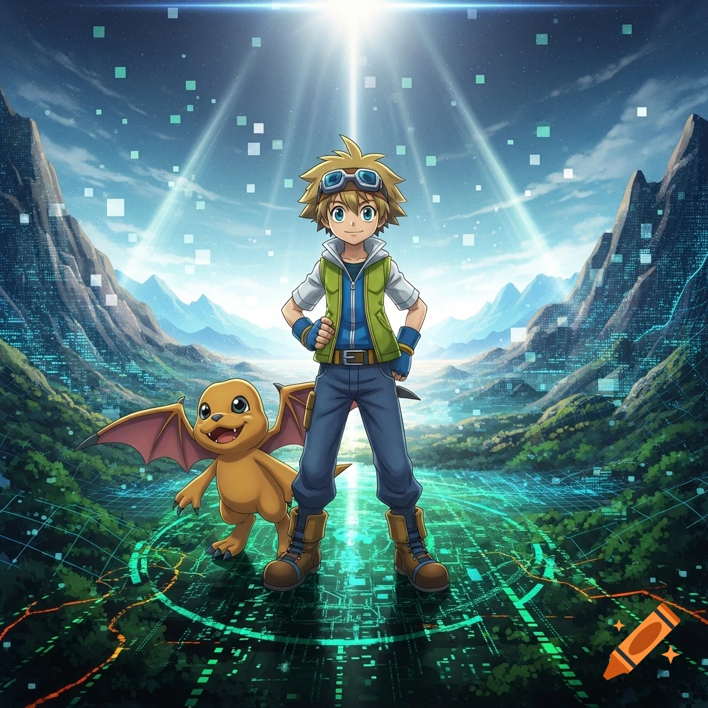 An anime boy with goggles and a small winged creature stand confidently in a vibrant digital mountain landscape with glowing circuits.