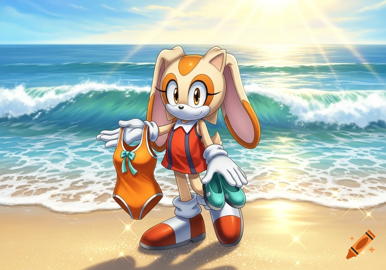 Cream the Rabbit stands on a sunny beach, holding an orange swimsuit, teal shoes, and white gloves in an anime style.