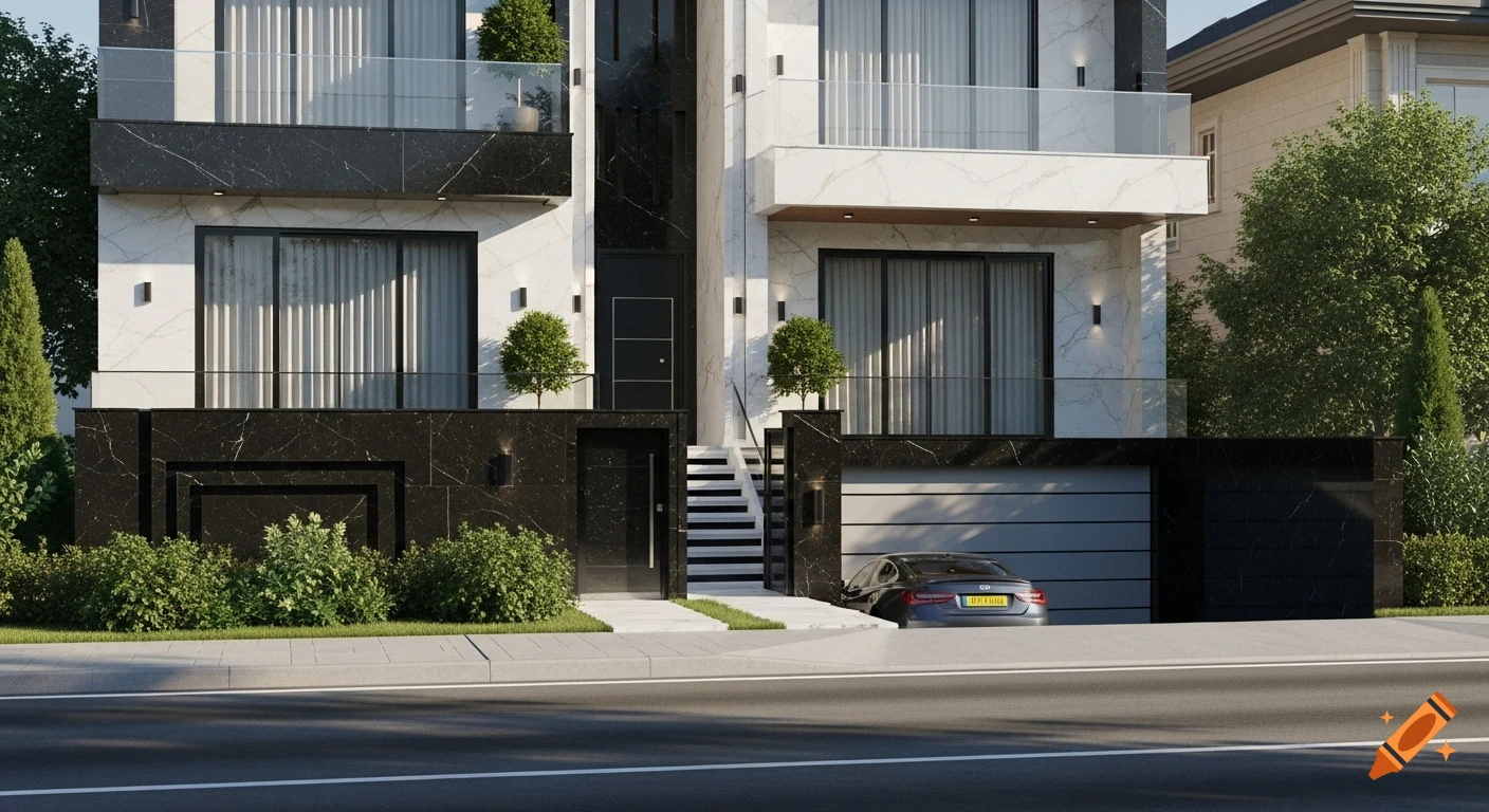 Photorealistic modern villa with black granite and white marble facade, glass railings, and a car parked in front of a garage.