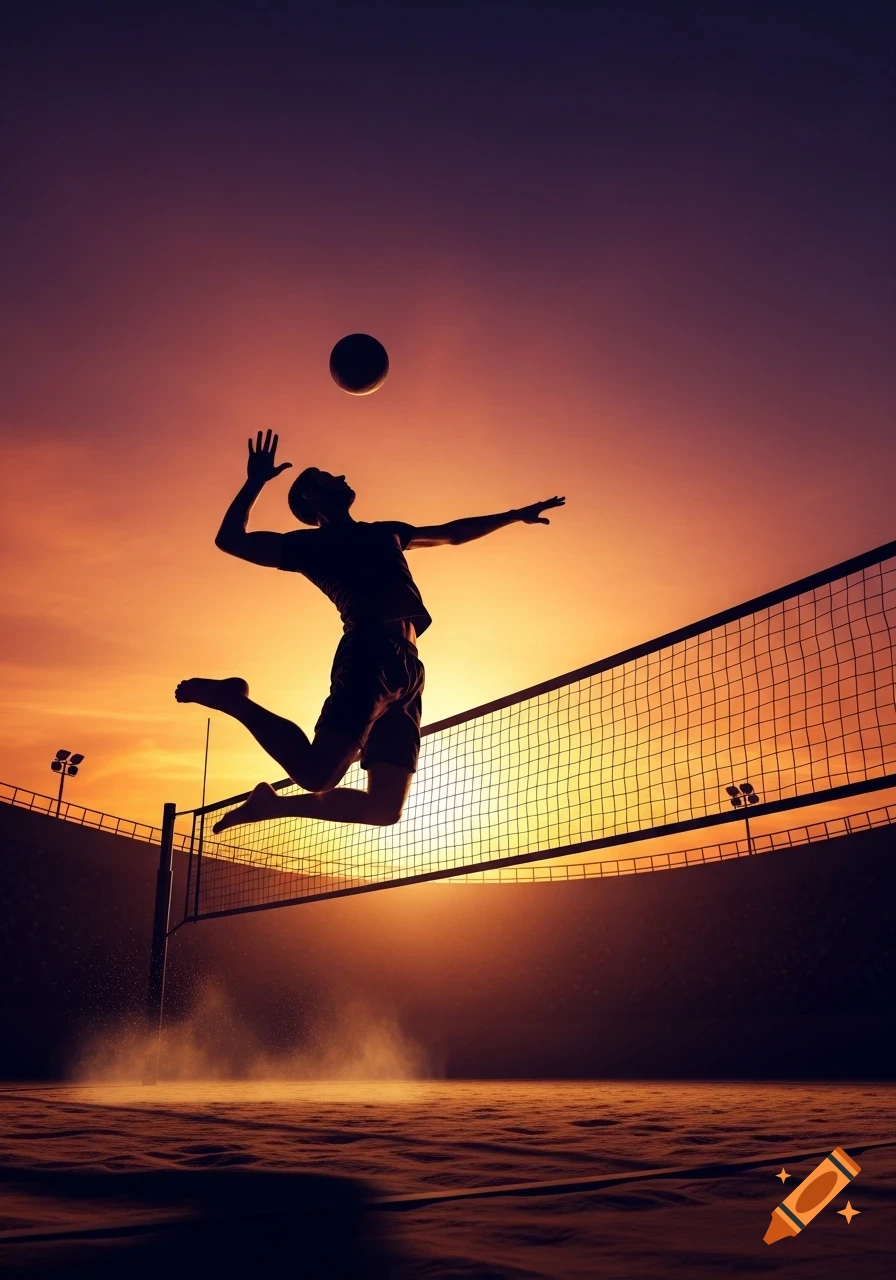Silhouette of a male volleyball player jumping to spike a ball over the net at sunset on a beach court.