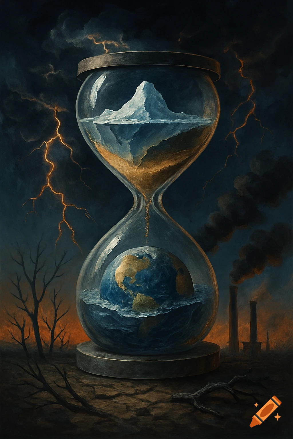 A painting of an hourglass with a melting iceberg and the Earth, surrounded by storms, dead trees, and smoking chimneys, symbolizing climate change.