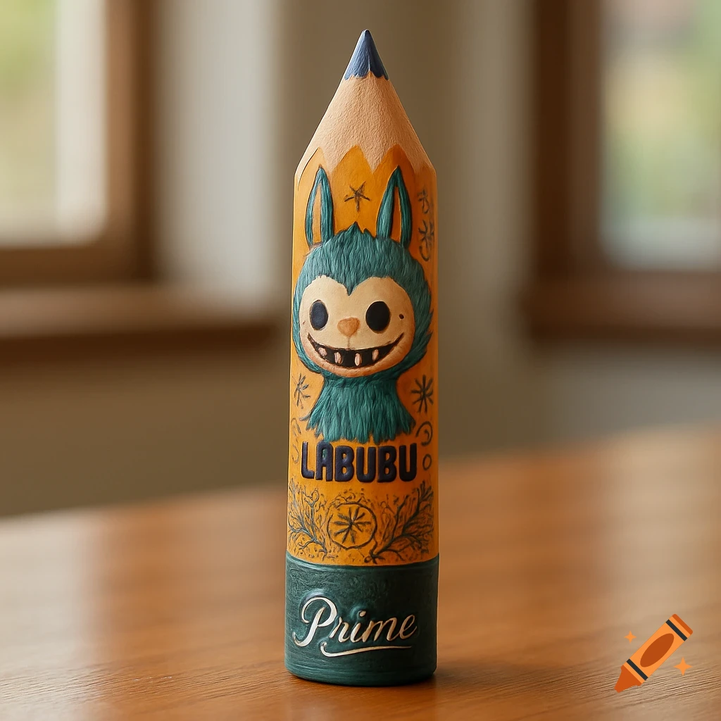 A stylized Labubu character pencil, yellow with a teal monster face, stands on a wooden table, featuring 'LABUBU' and 'Prime' text.