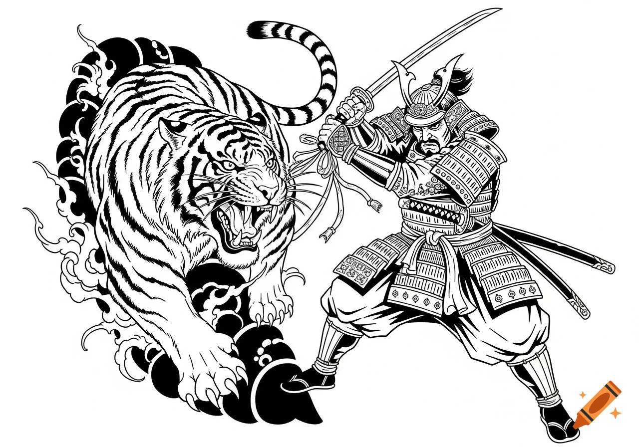 Black and white Yakuza tattoo style illustration of a samurai in armor fighting a roaring tiger surrounded by stylized waves.