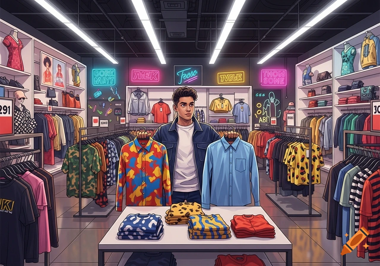 A stylized illustration of a young man holding two shirts in a fast fashion clothing store, surrounded by racks of clothes and neon signs.