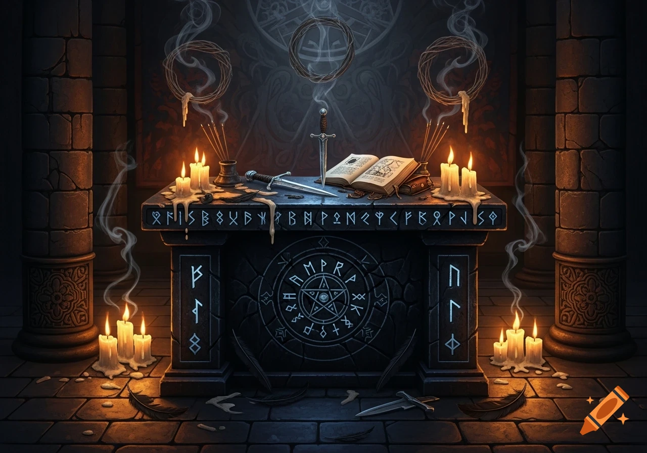 A dimly lit fantasy altar with lit candles, two daggers, an open book with illegible text, and mystical runes carved into the stone.