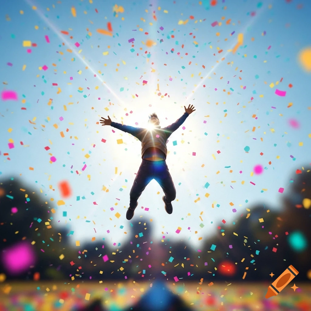 A person jumps mid-air with outstretched arms against a bright blue sky, surrounded by colorful confetti, celebrating.