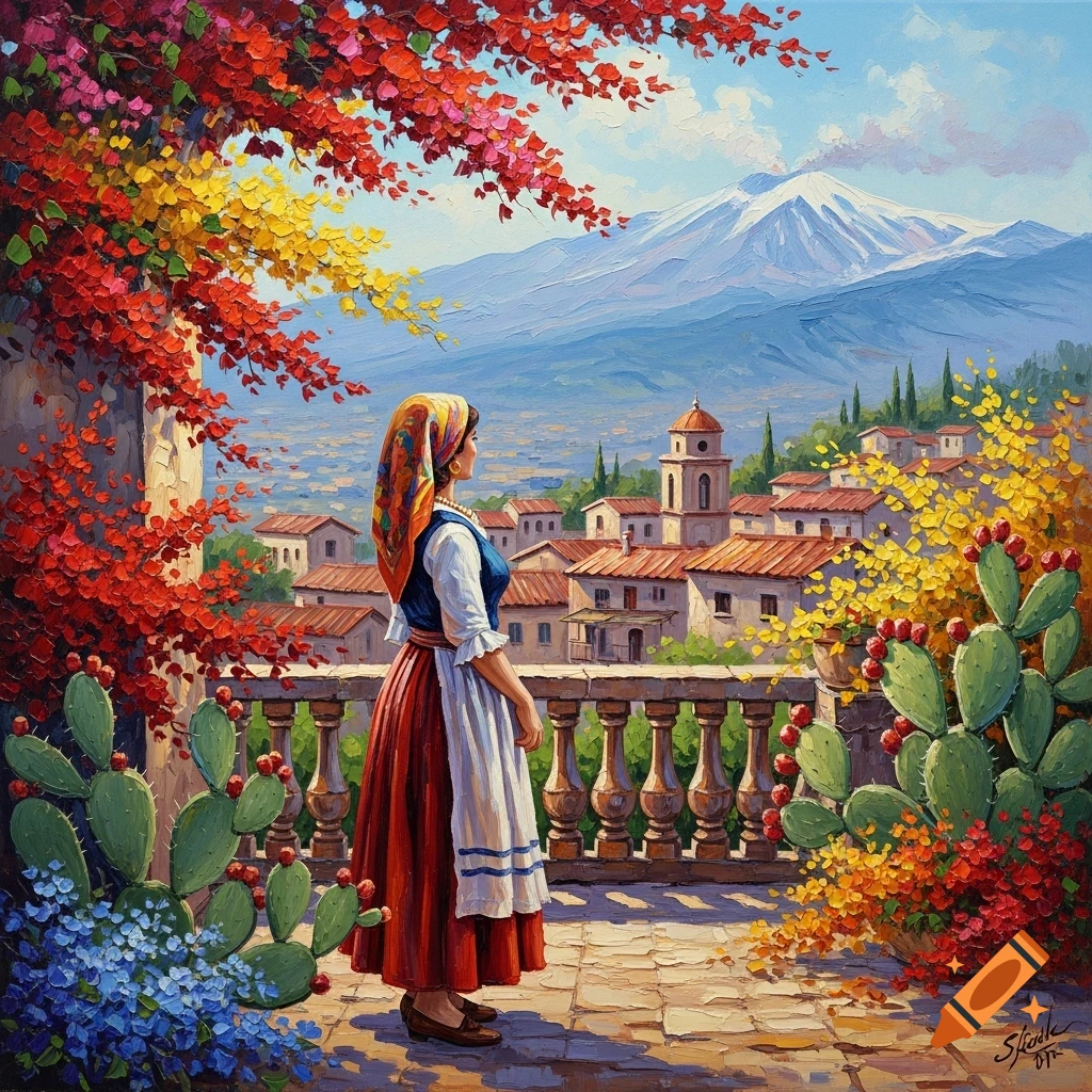 A vibrant impasto painting of a woman in traditional attire on a balcony overlooking a Sicilian village and Mount Etna, surrounded by colorful bougainvillea and cacti.