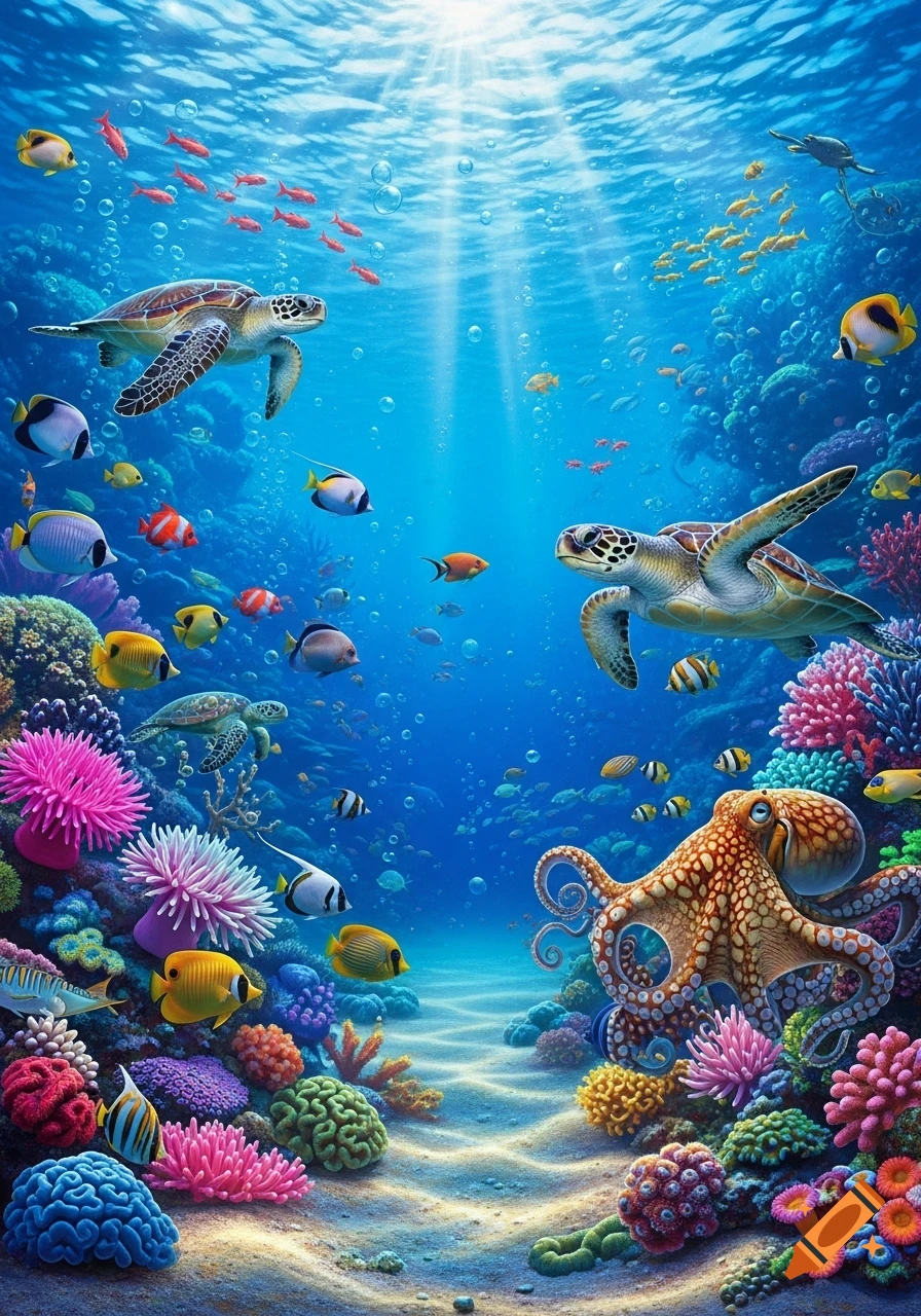 Vibrant underwater scene with turtles, an octopus, and colorful fish swimming among diverse coral and plant life, lit by sunbeams.