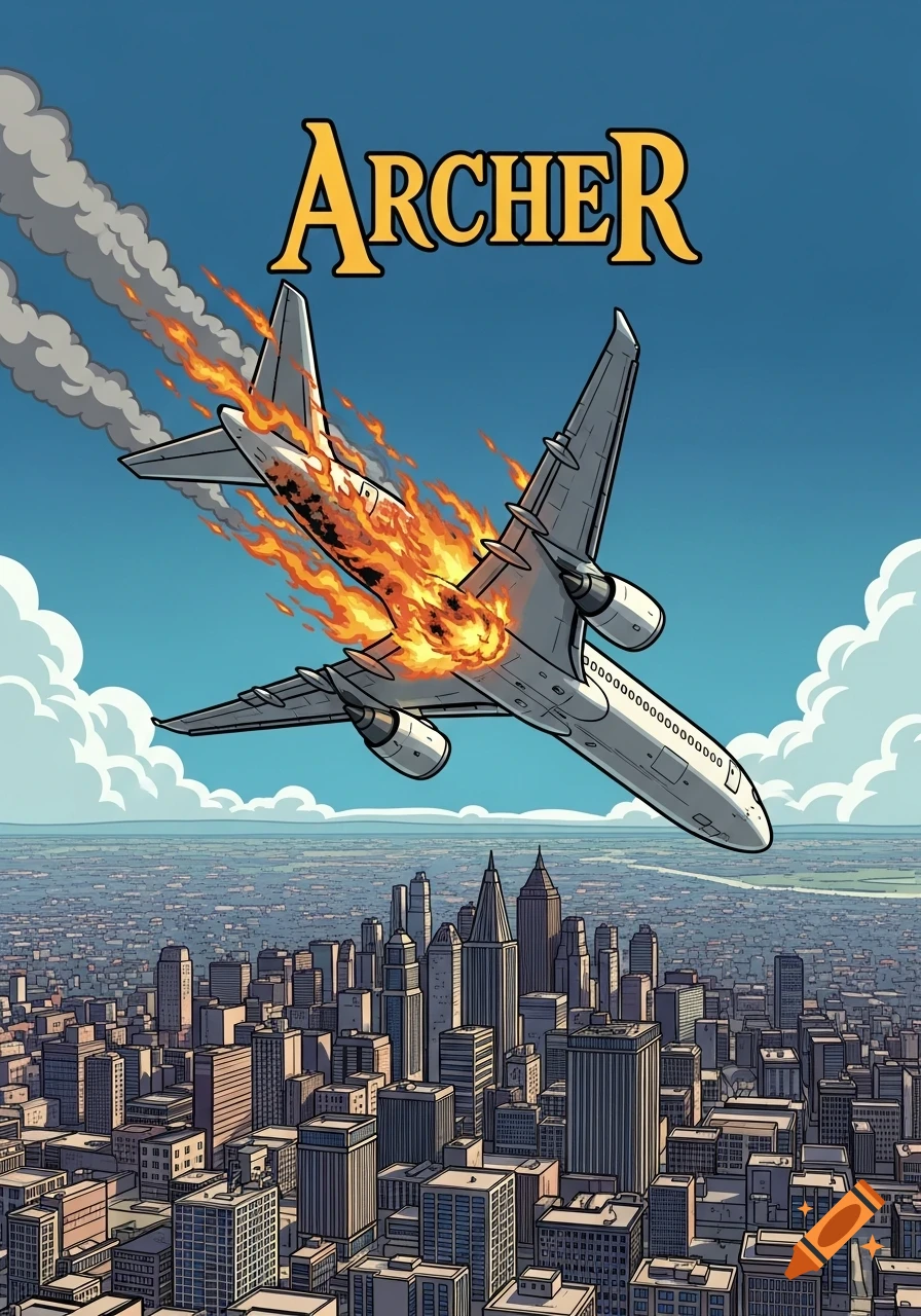 Cartoon style commercial plane engulfed in flames descending over a cityscape under a blue sky, with 'ARCHER' text above.