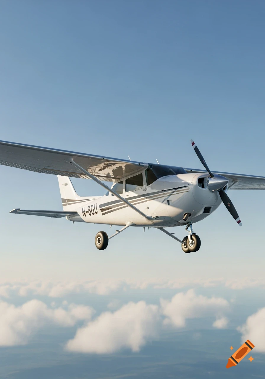 A white single-engine Cessna 182 propeller plane flies in a clear blue sky above scattered clouds.
