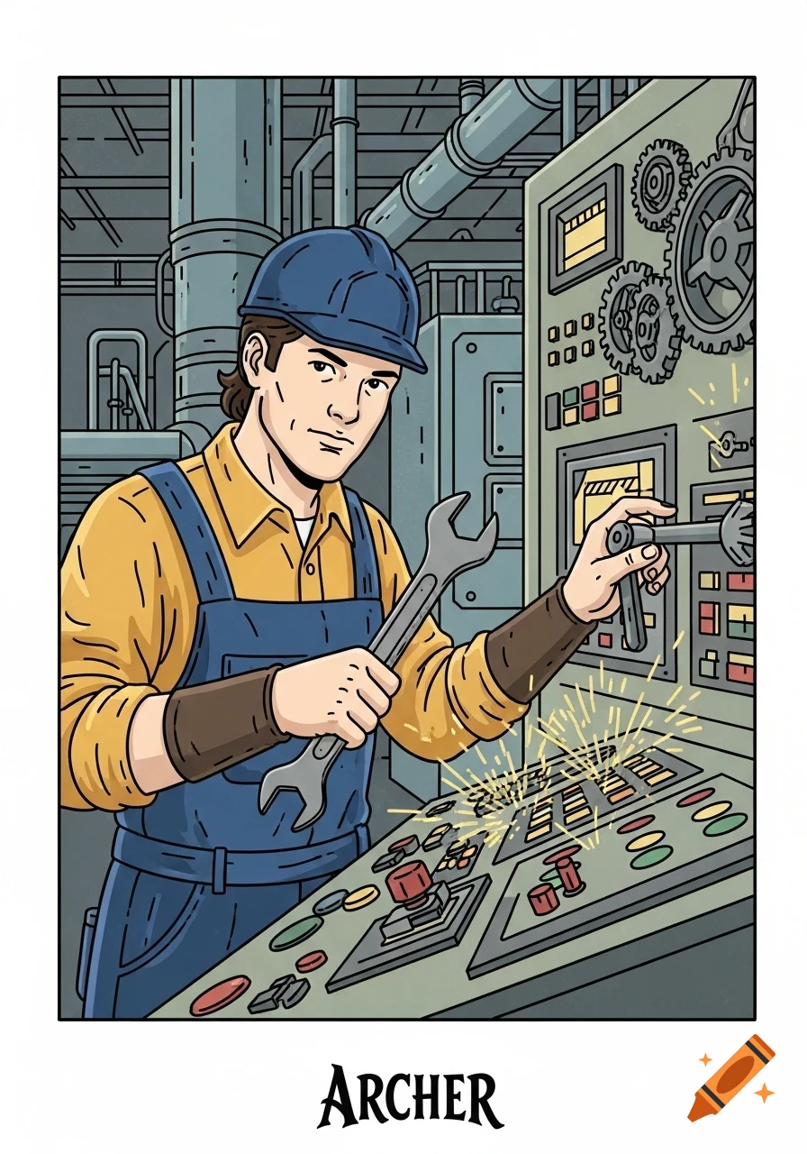 A male mechanic in a blue cap and overalls holds a wrench, operating a factory control panel with sparks flying, in a graphic novel style.