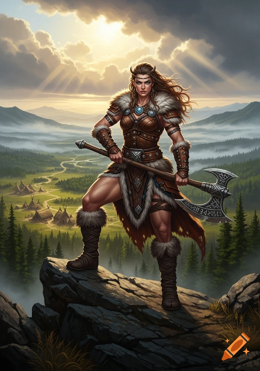 A female barbarian princess stands on a cliff holding a battle-axe, overlooking a misty valley and village under a dramatic sky.