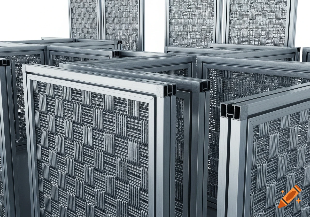 Close-up of multiple silver aluminum framed panels with a woven steel mesh pattern, arranged in a zig-zag.