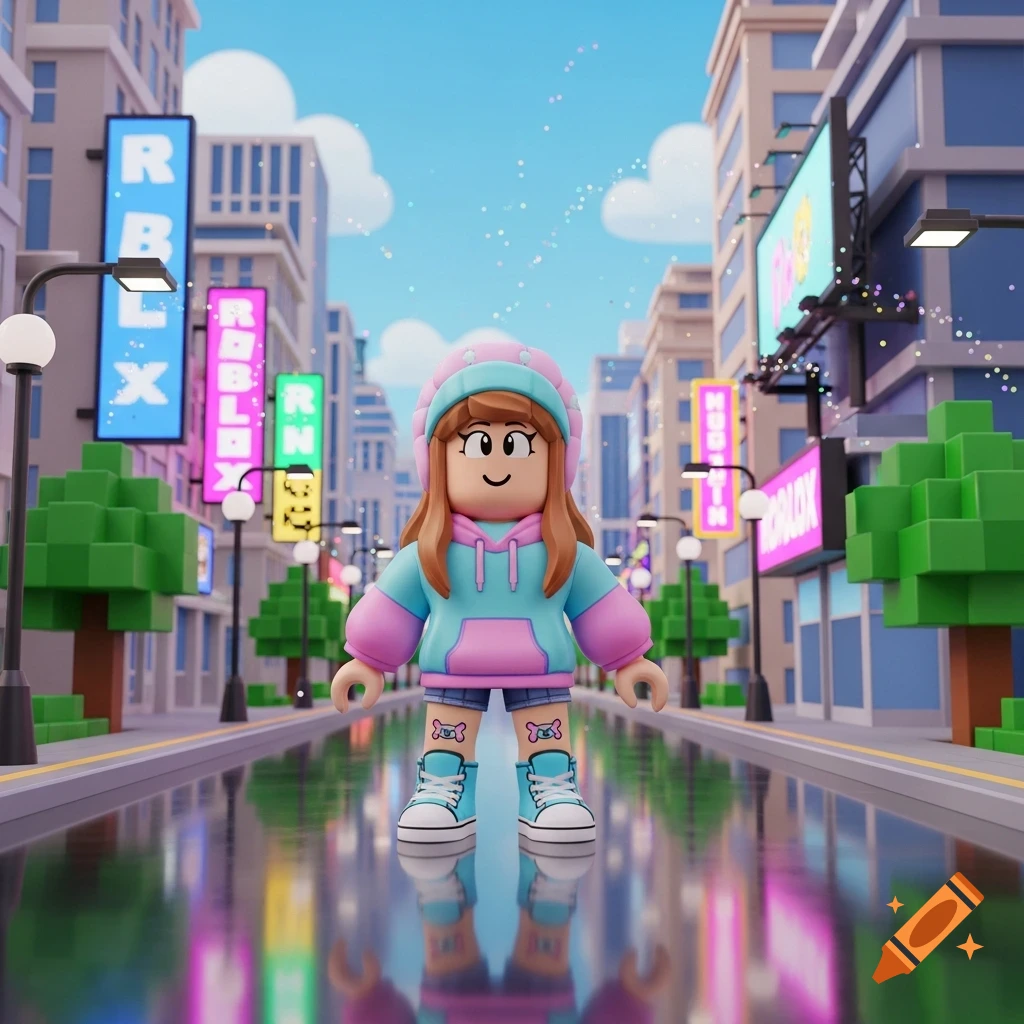 A cute Roblox character wearing a blue and pink hoodie stands in a stylized city street with glowing signs.