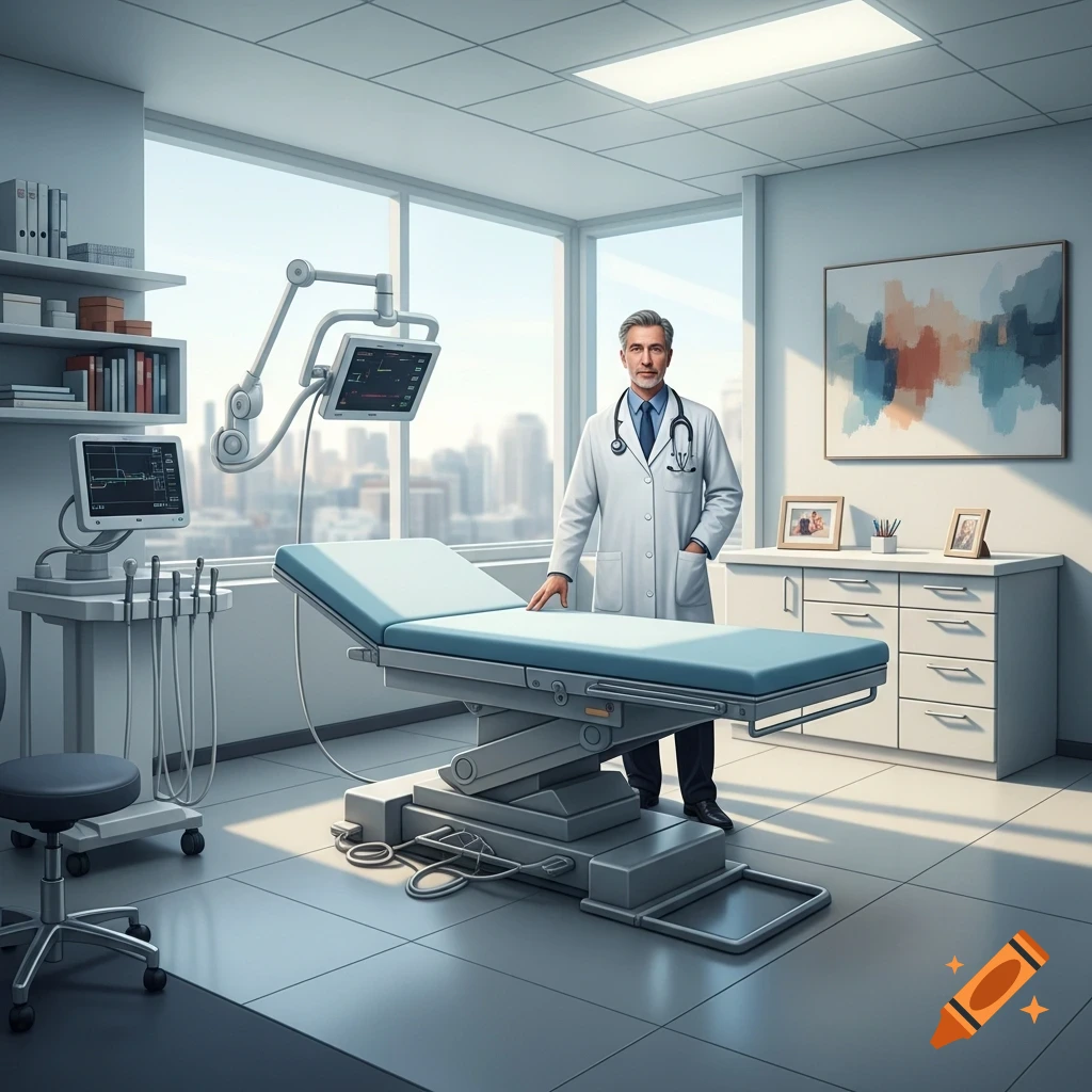A male doctor in a white lab coat stands next to a blue examination table in a modern medical office with city views.