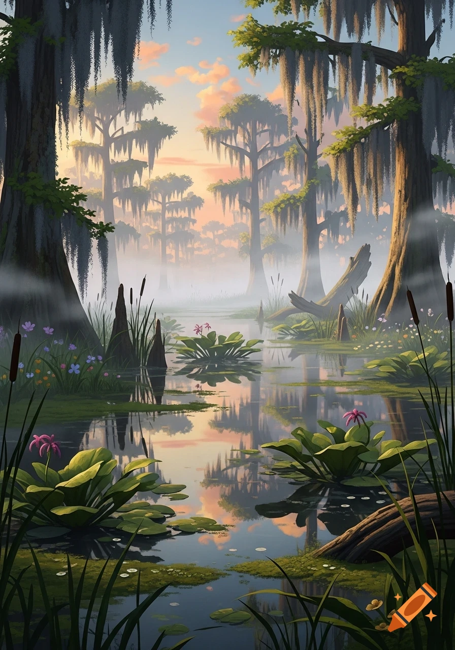 Misty swamp landscape at sunset with cypress trees draped in Spanish moss, reflections in calm water, and foreground plants.