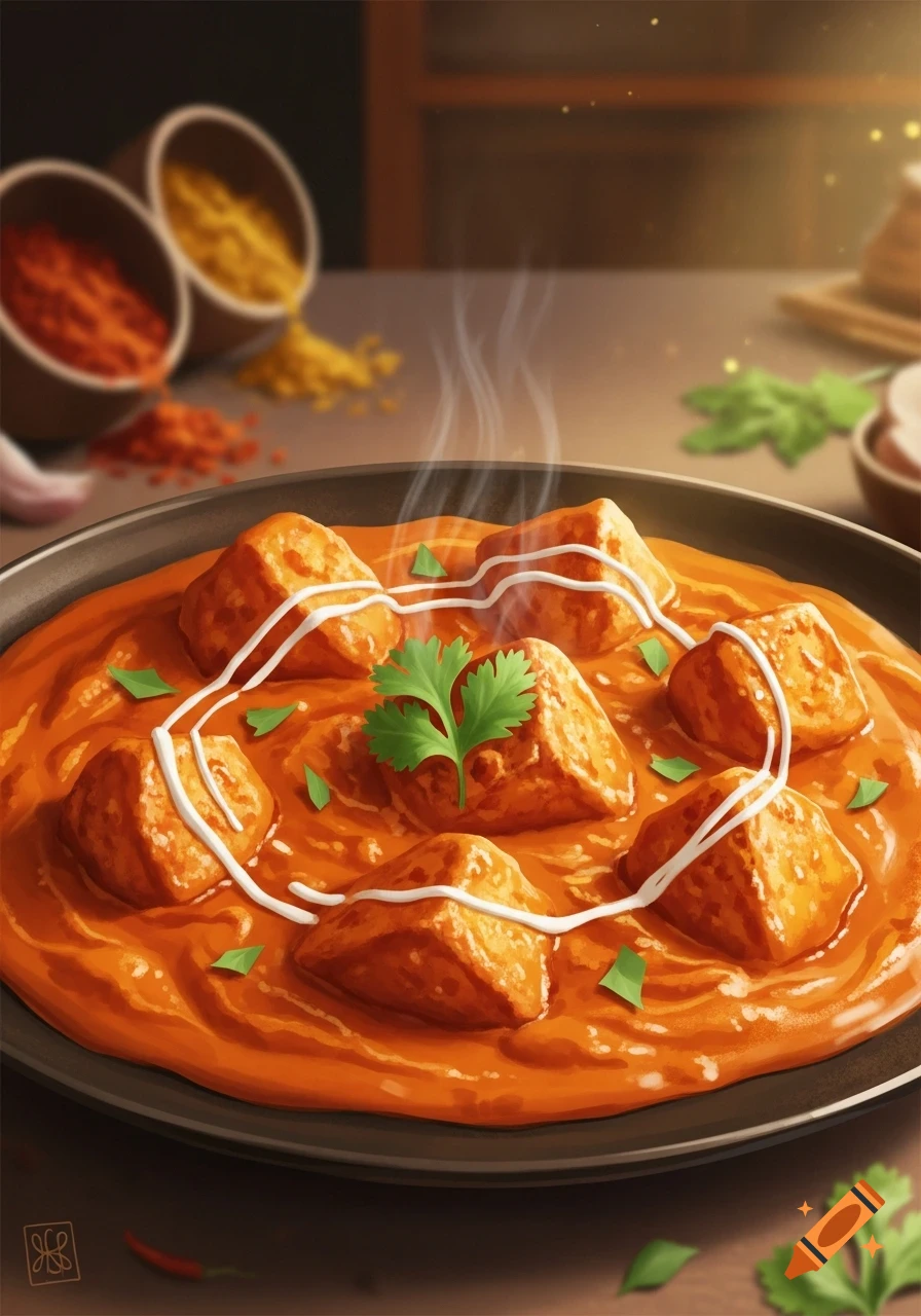 Close-up of butter chicken in a dark bowl, garnished with cream swirls and cilantro, with blurred spices in the background.