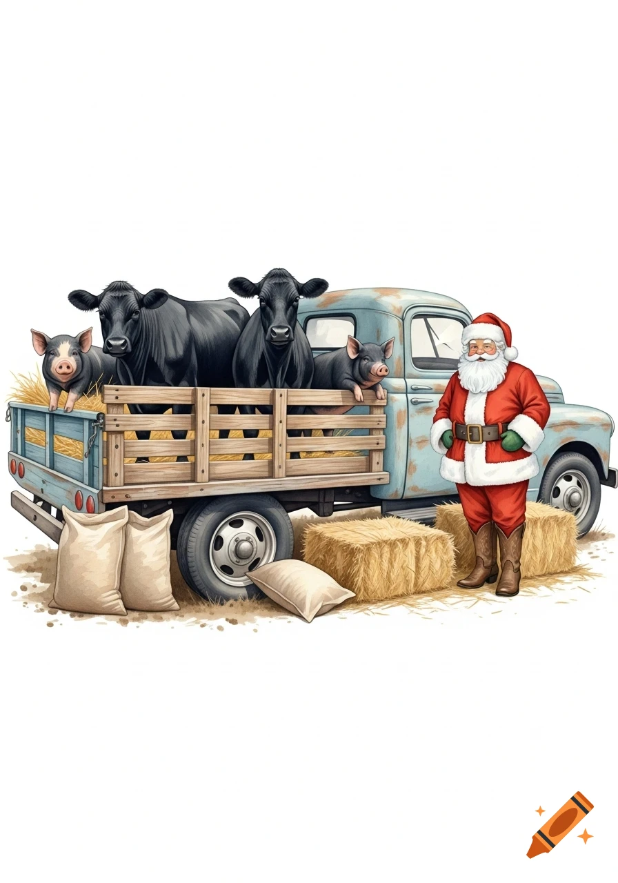 Watercolor painting: Santa Claus stands by a rustic farm truck carrying two black cows and two pigs, with hay bales and feed bags.
