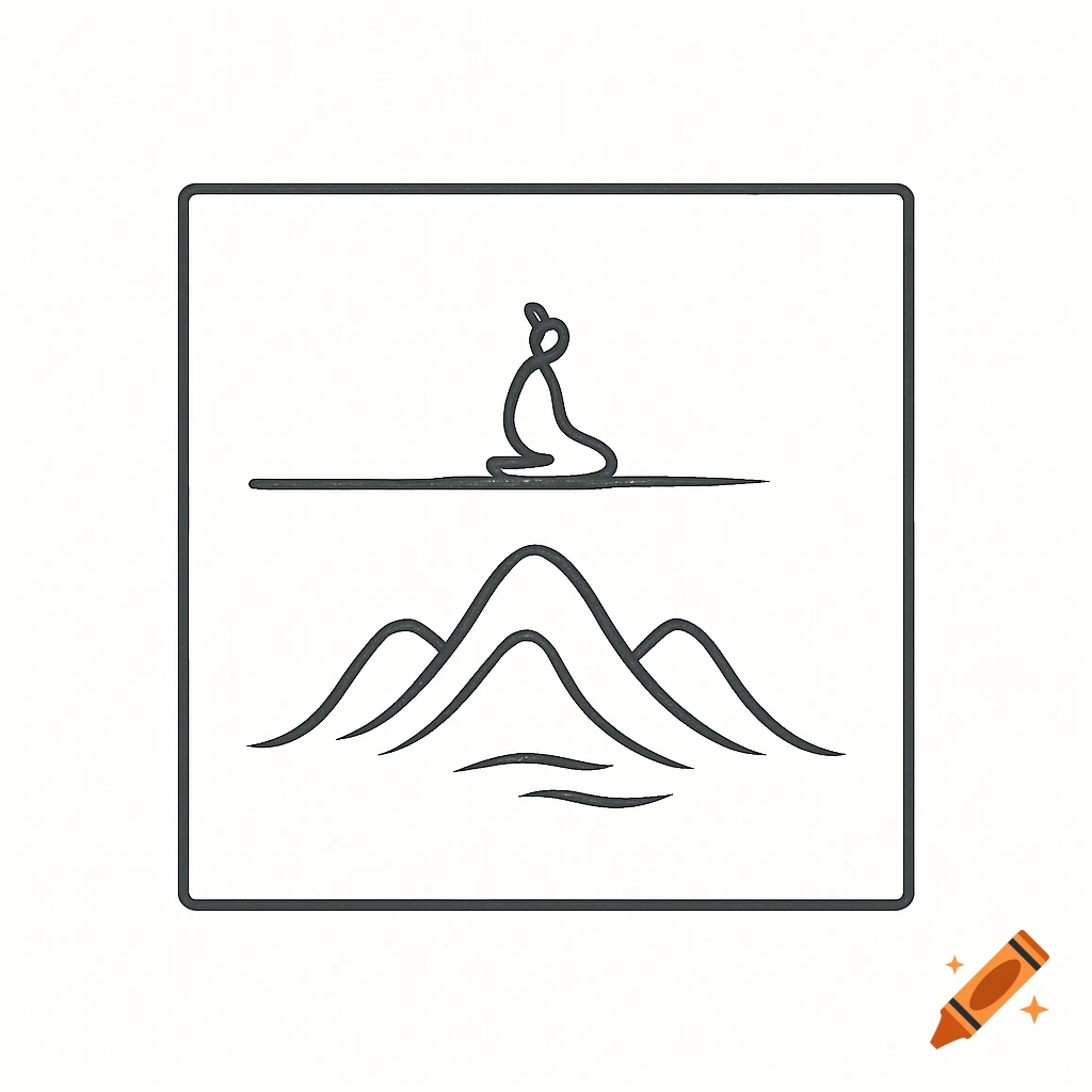 A minimalist black and white line art logo showing a stylized figure sitting on a horizon line above three inverted mountains.