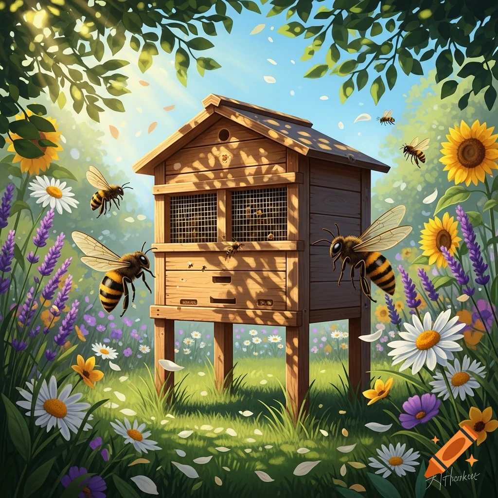 A vibrant illustration of a wooden beehive surrounded by bees, sunflowers, lavender, and daisies in a sunlit meadow.