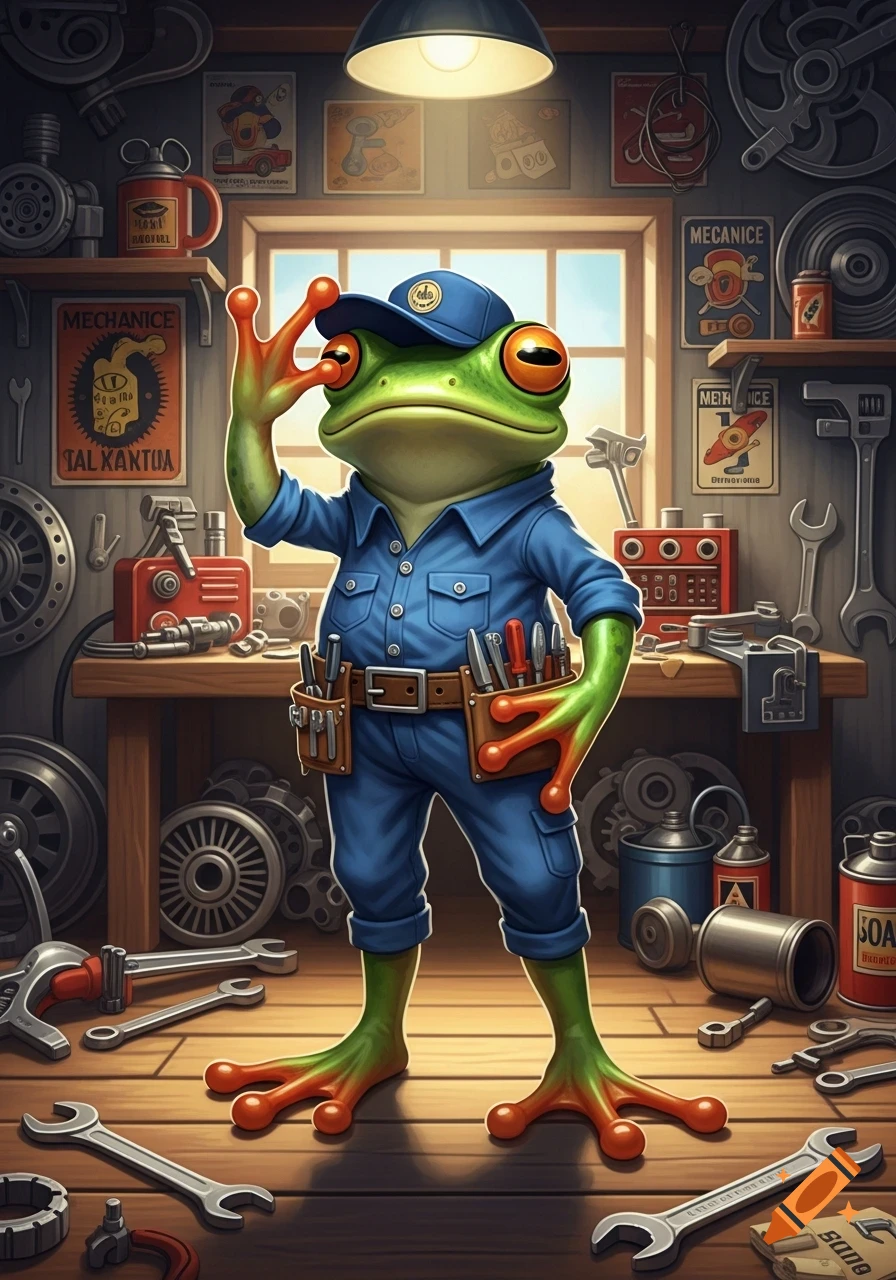 A cartoon frog wearing a blue mechanic's uniform and cap stands in a cluttered workshop with tools and gears.