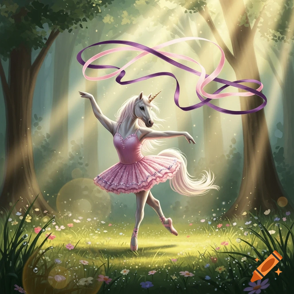 A dancing ballerina unicorn in a pink tutu with flowing pink and purple ribbons, gracefully posed in a magical forest clearing with sunbeams.
