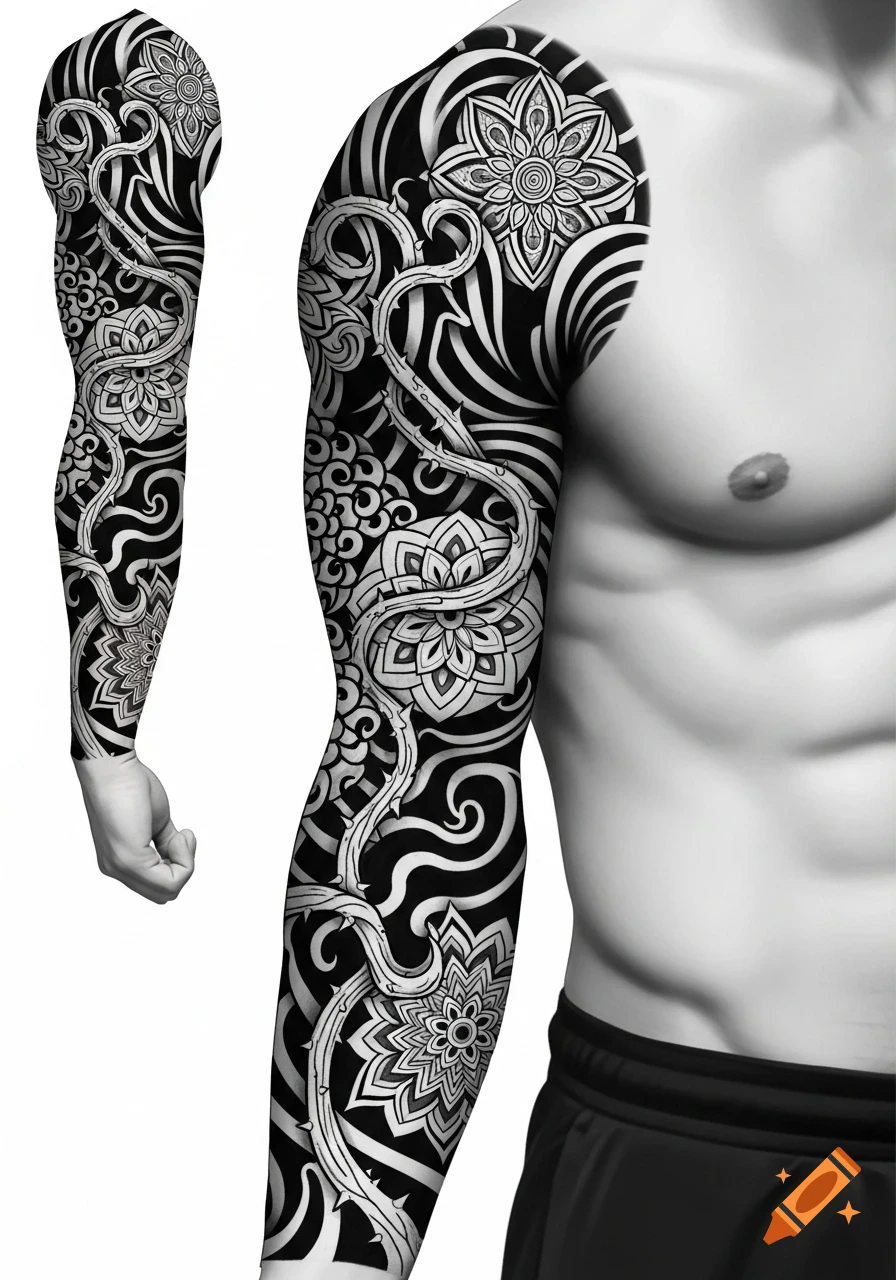 A man's arm and torso with a full sleeve, intricate black and white ornamental tattoo featuring flowers and thorny vines.