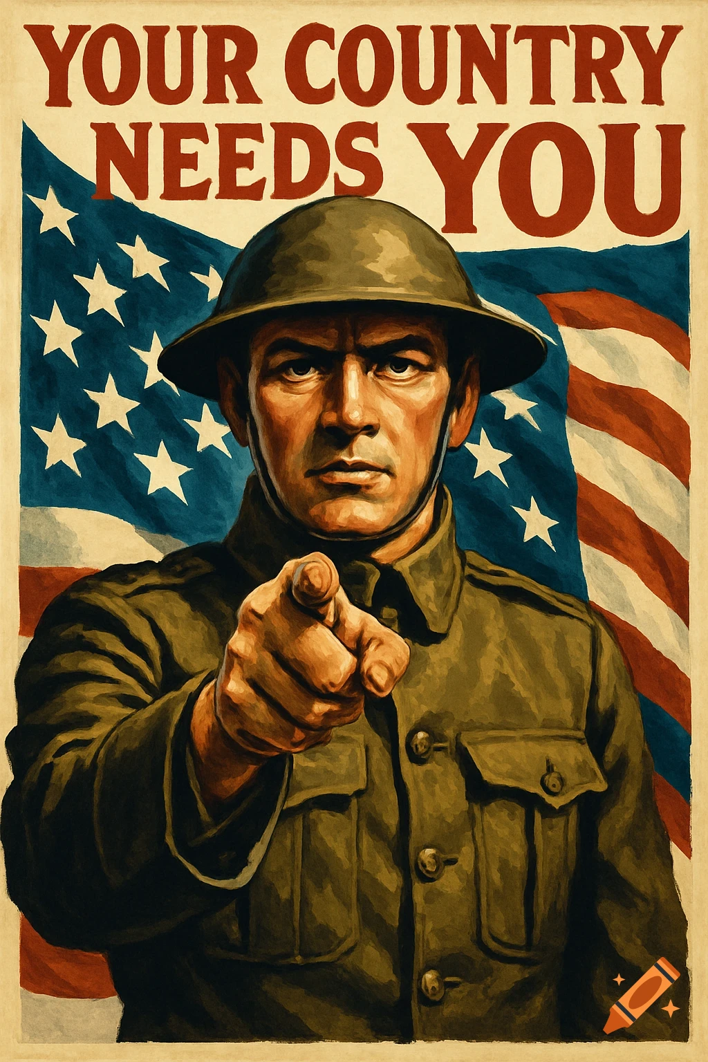 WWI-style propaganda poster of a soldier in uniform pointing, with an American flag background and 'YOUR COUNTRY NEEDS YOU' text.