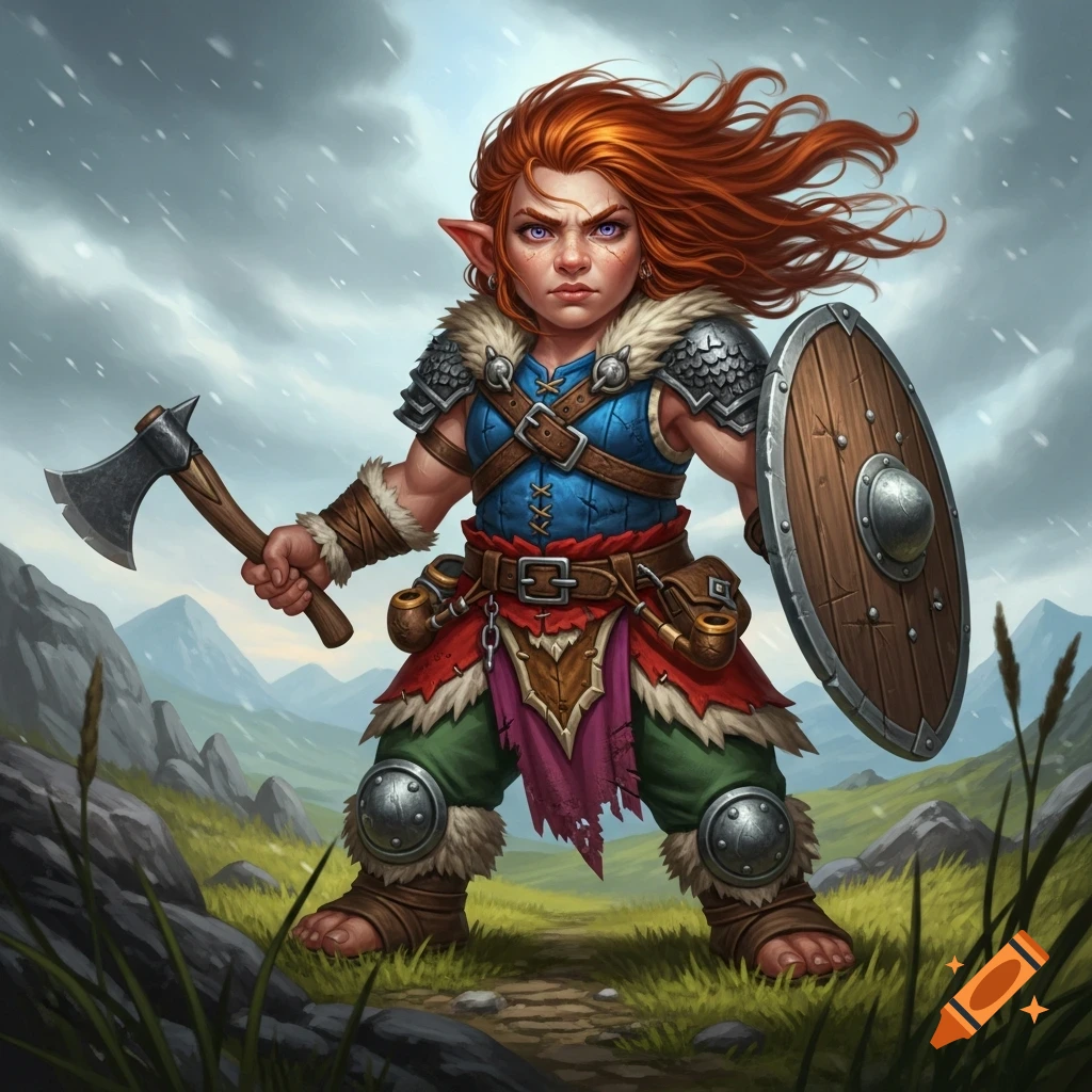 A fierce female gnome barbarian with red hair, holding an axe and shield, stands in a stormy mountainous landscape, detailed realistic art.