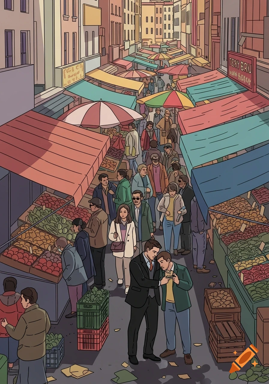 A crowded, colorful street market with people browsing various stalls selling fresh produce, depicted in a graphic novel cartoon style.