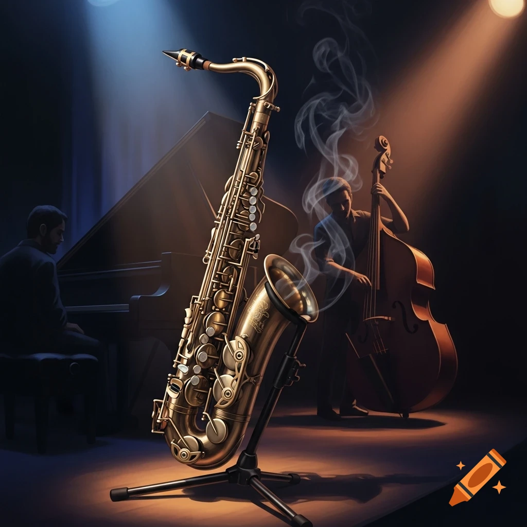 A golden saxophone stands prominently on a stage, with a pianist and bassist playing in the background under warm spotlights, suggesting a live jazz performance.