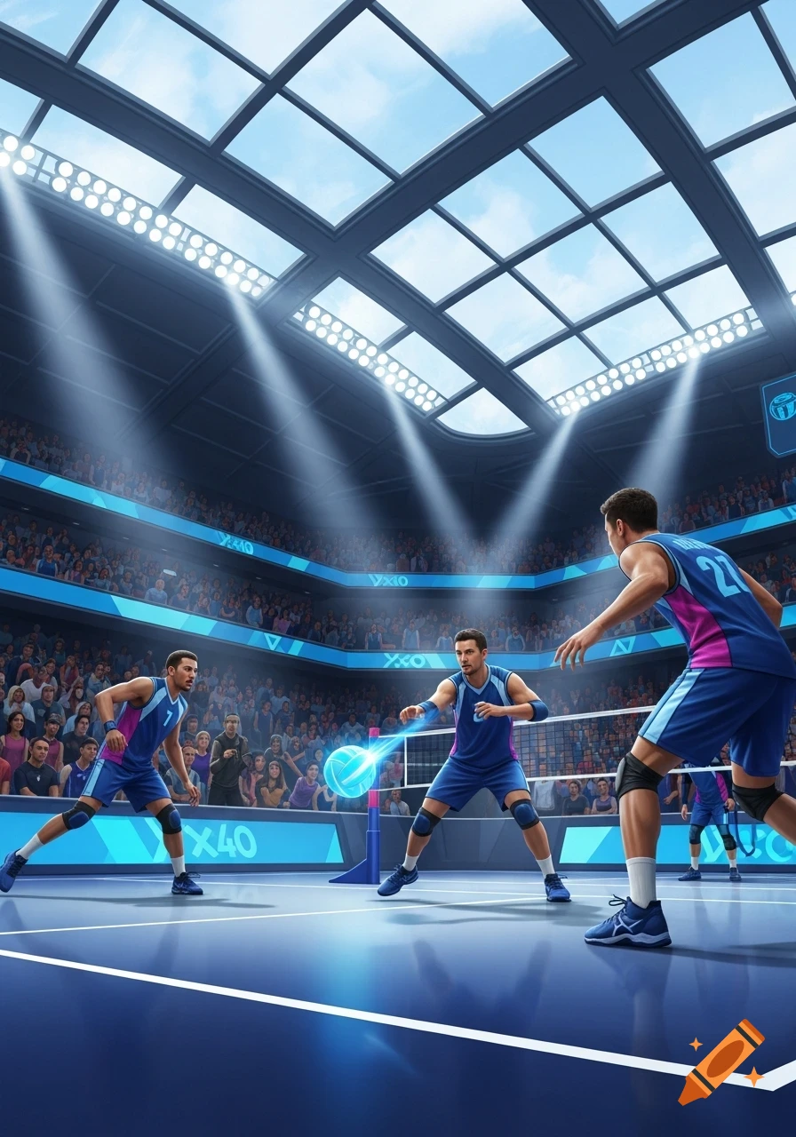Three male volleyball players in a vibrant indoor stadium, one serving a glowing blue ball during a game.
