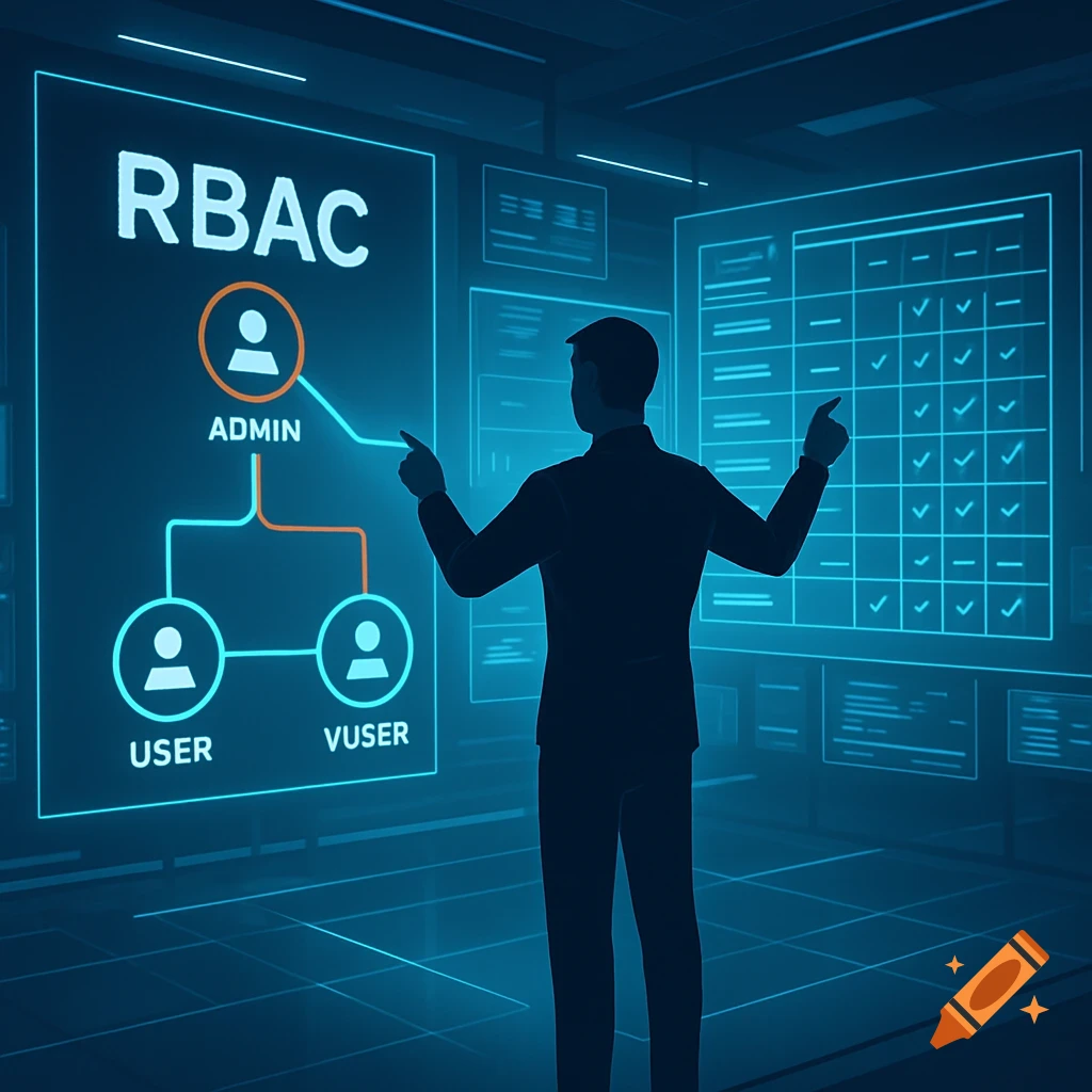 A silhouetted man points at a glowing blue digital diagram explaining RBAC roles like ADMIN, USER, and VUSER, with other futuristic UI screens in the background.