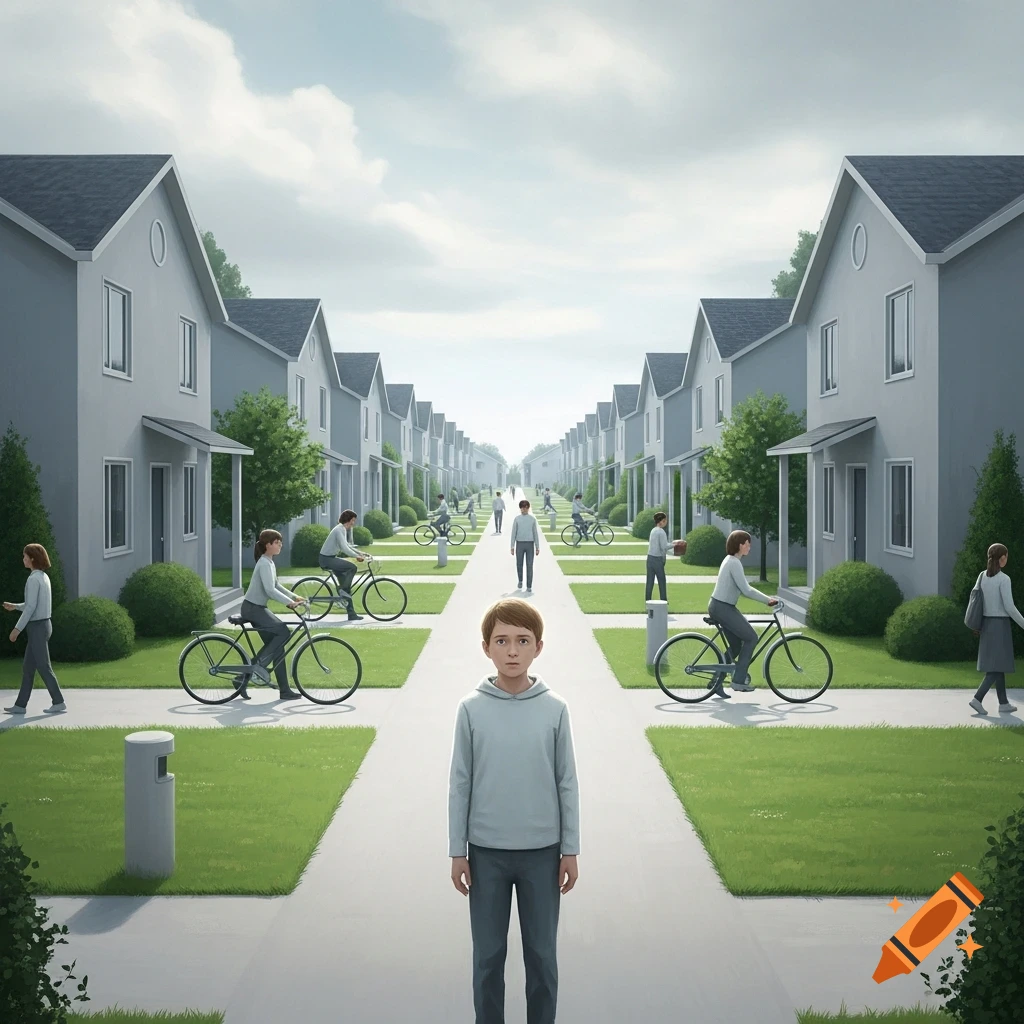 A boy stands on a sidewalk in a highly uniform suburban community with many identical houses and people.