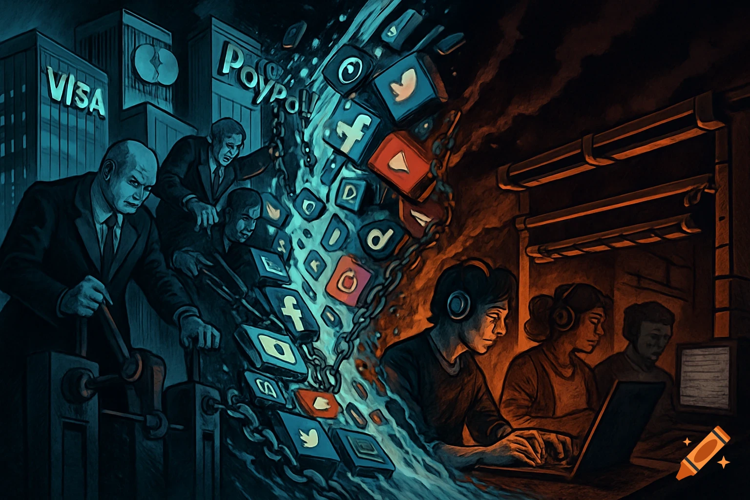 A dystopian digital art illustration showing corporate executives controlling a cascade of social media icons, while digital creators watch their content fade.