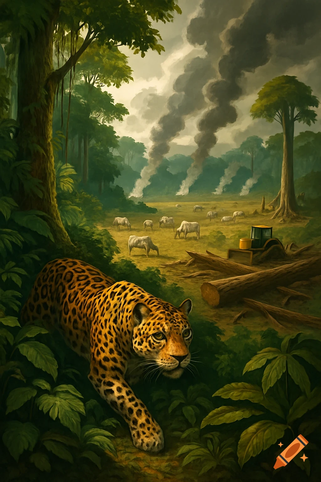A jaguar stalks through lush green foliage in a rainforest, observing deforestation with cows, a bulldozer, and smoke plumes in the background.