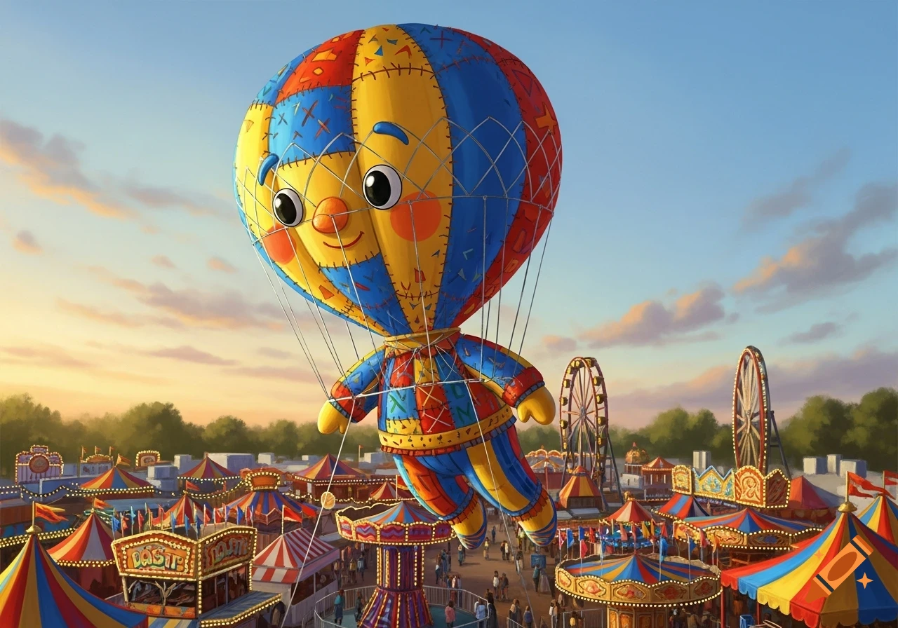 A colorful, smiling hot air balloon character with blue, yellow, and red patches flies over a vibrant carnival with rides and tents at sunset.