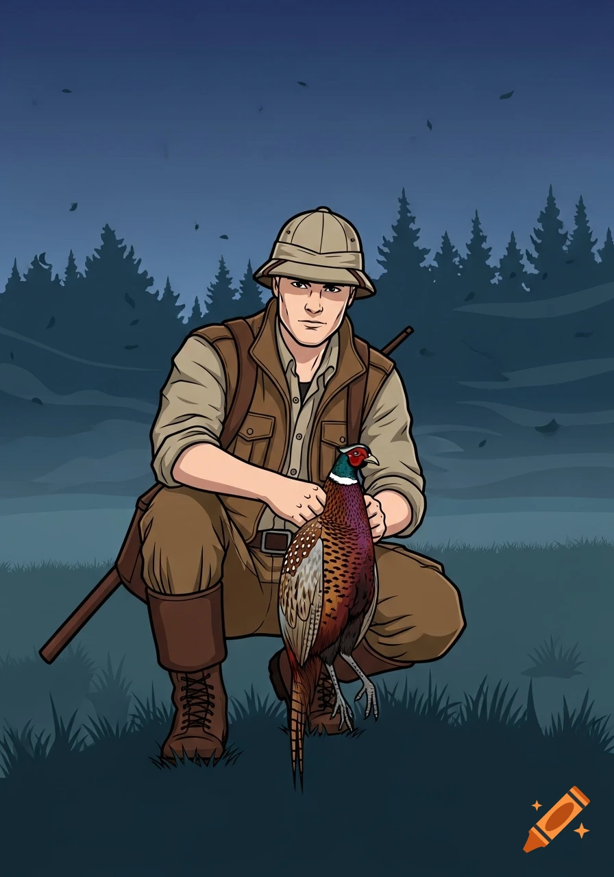 A hunter in safari gear crouches in a forest at dusk, holding a pheasant, in an Archer TV show style illustration.