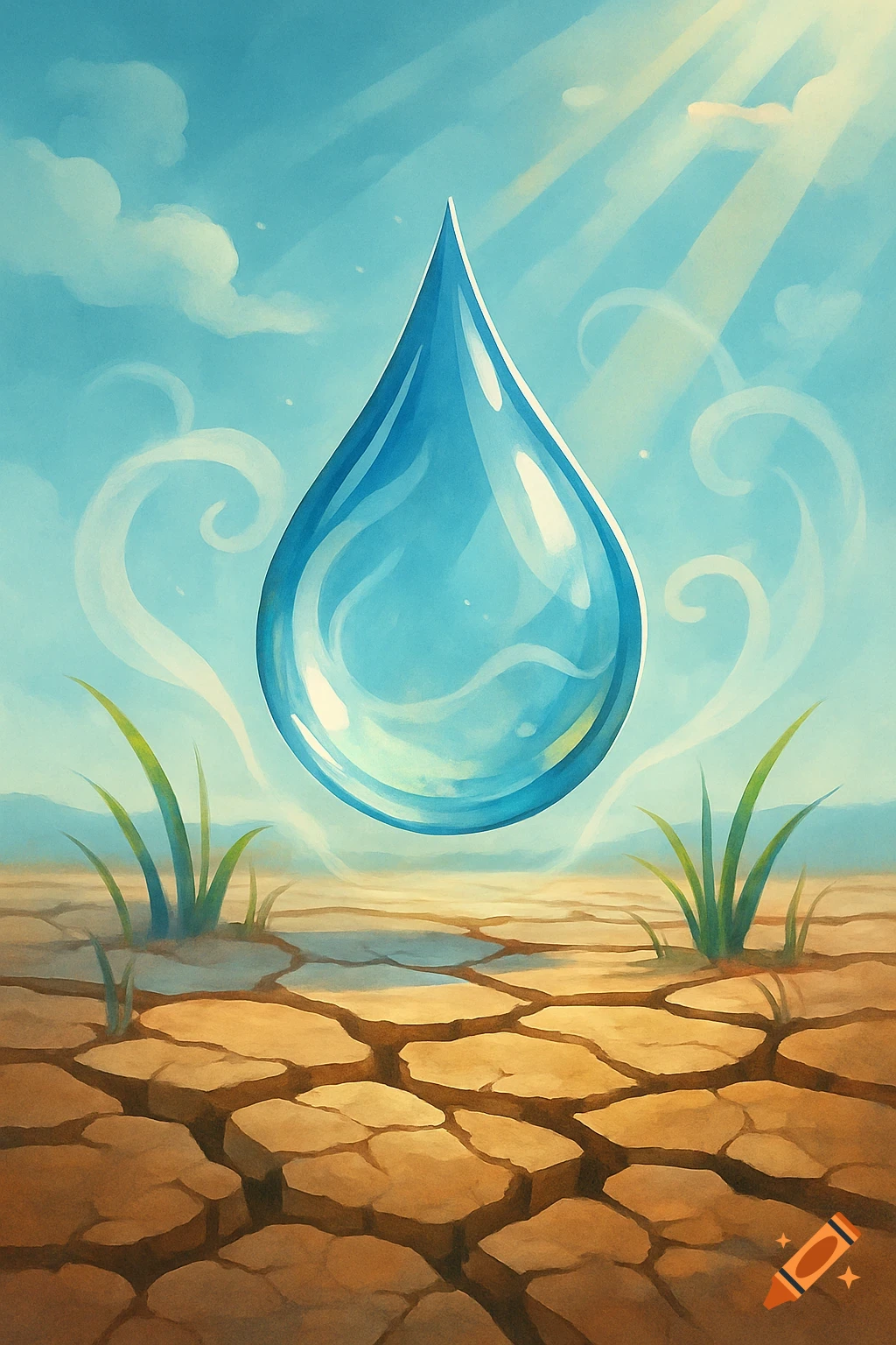 A large, shimmering blue water droplet hovers above parched, cracked earth with sparse grass under a bright sky with sun rays, stylized illustration.