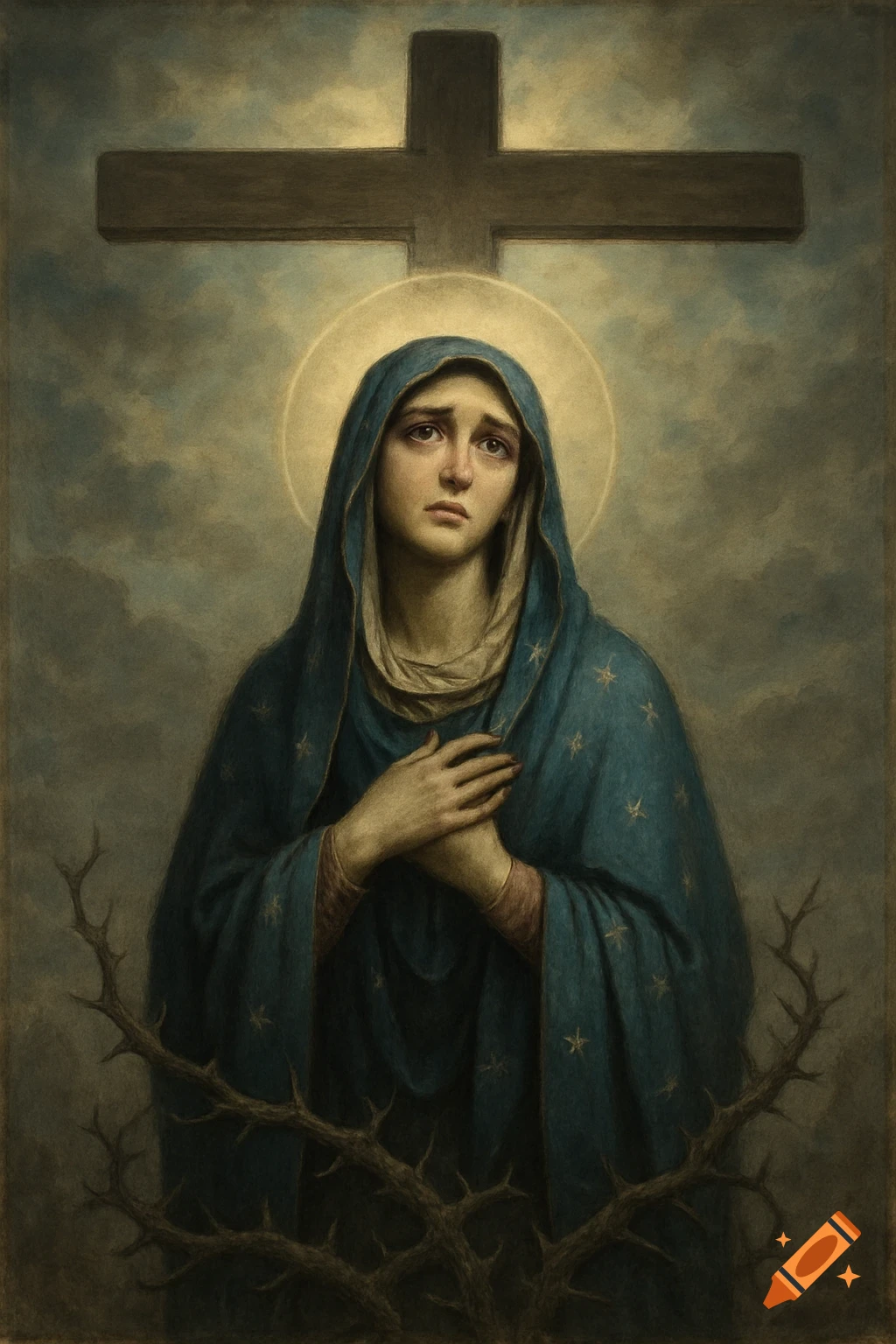 A solemn painting depicts the Virgin Mary under a cross, her hands clasped in sorrow, with thorny branches in the foreground.