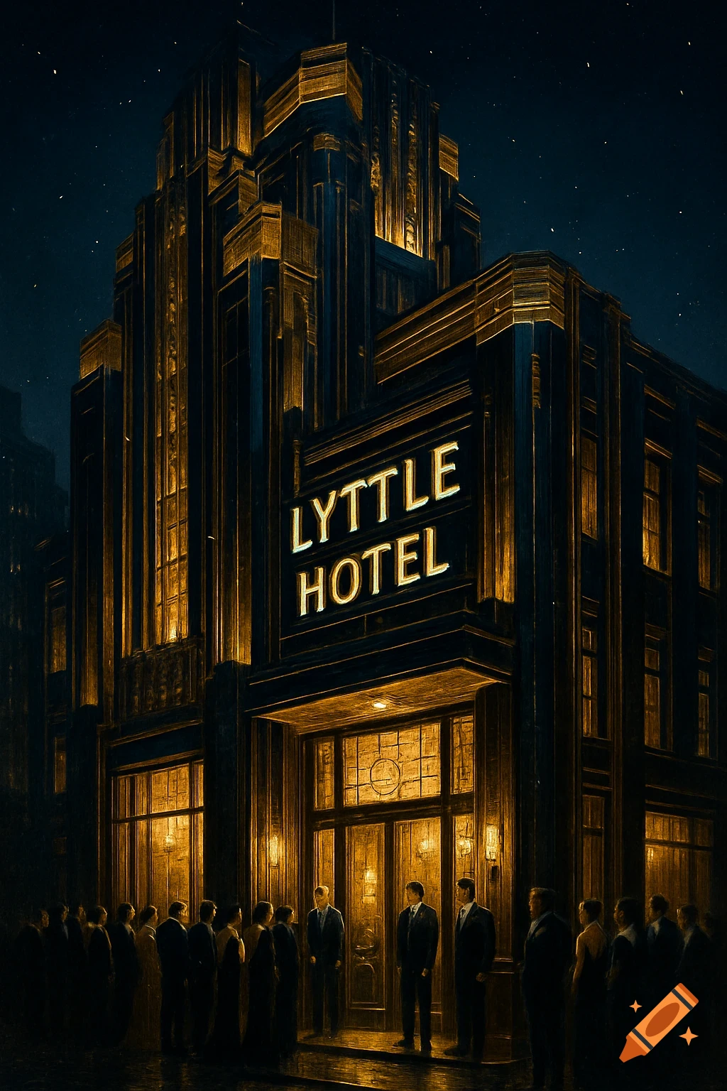 A fancy gold and black Art Deco hotel named Lyttle at night, with a crowd gathered outside its entrance.