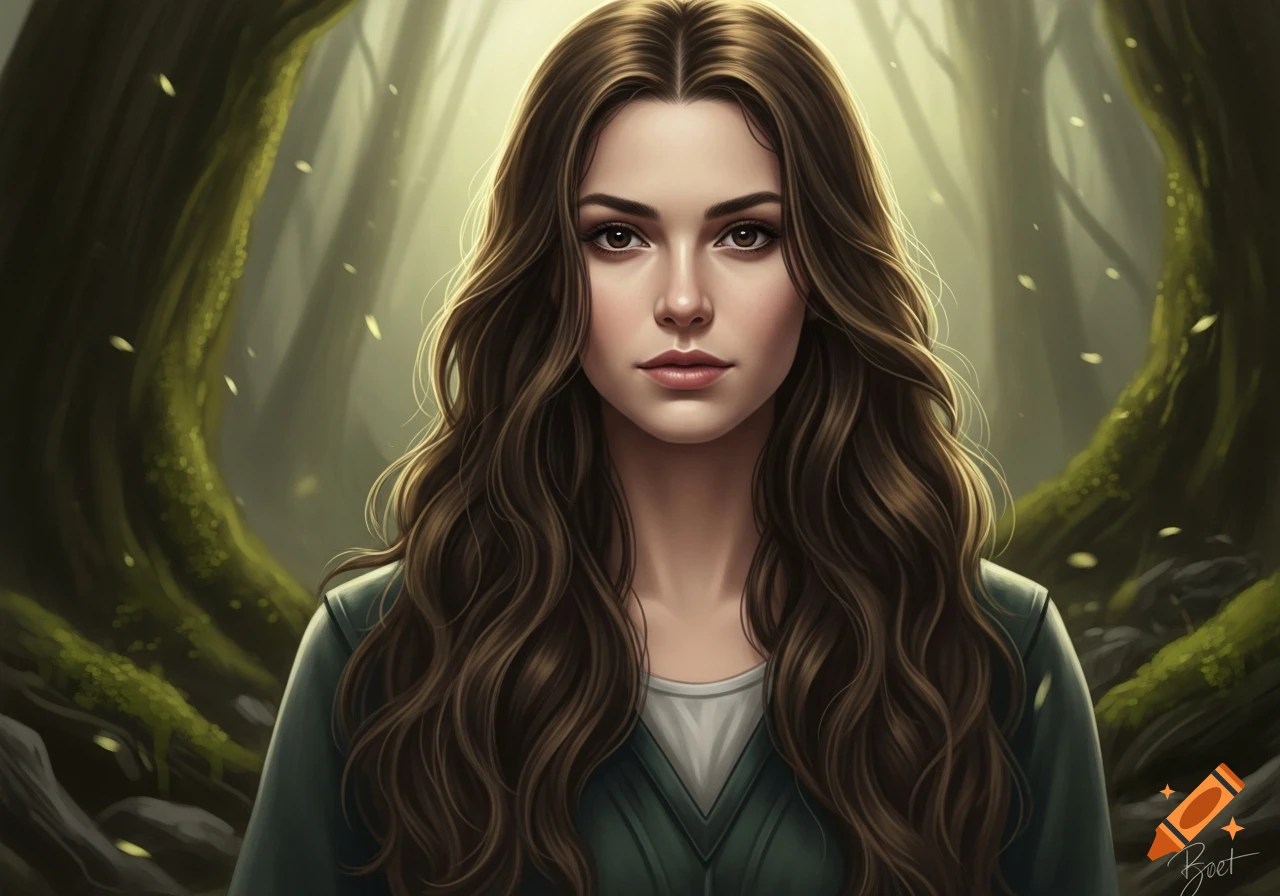 A fantasy portrait of a young woman with long wavy brown hair and brown ...