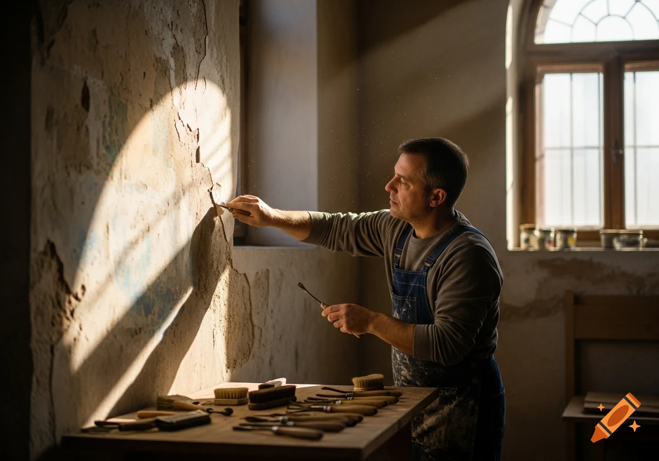 A man in overalls carefully scrapes old paint from a textured wall in a sunlit room, with tools laid out on a table.