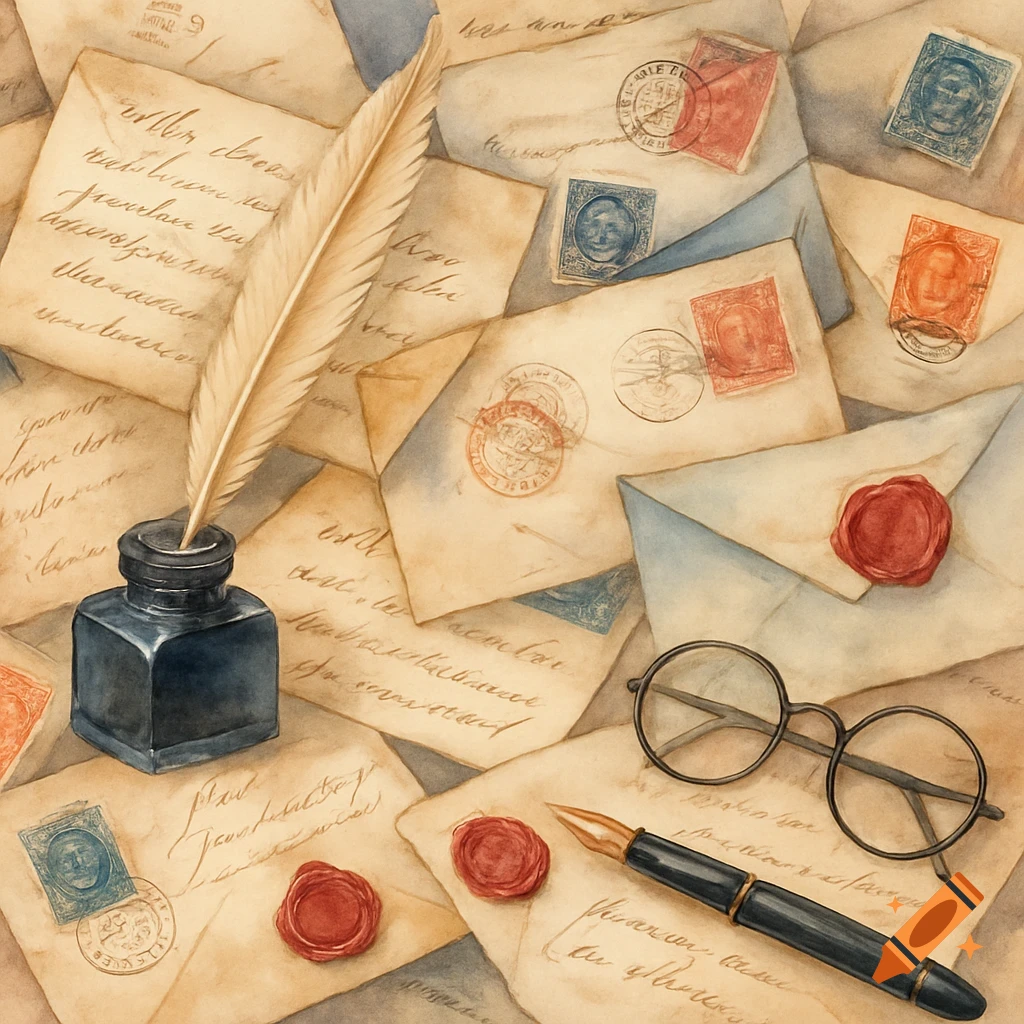 Watercolor collage featuring vintage letters, envelopes with stamps and wax seals, a quill in an inkwell, a fountain pen, and glasses.