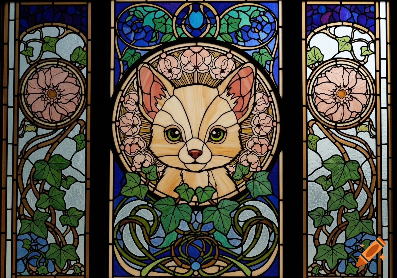 Stained glass artwork of a stylized fennec fox surrounded by pink flowers and green ivy in an Art Nouveau style.
