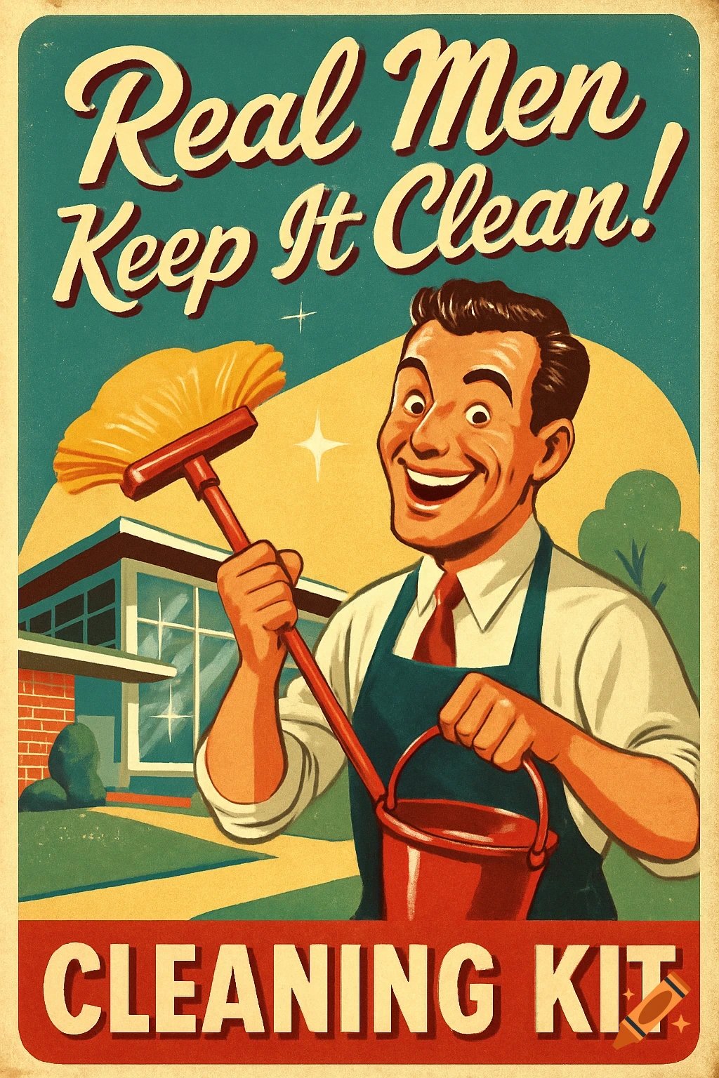 A retro 1950s-style poster shows a smiling man in an apron holding a duster and bucket, with the text 'Real Men Keep It Clean!' and 'CLEANING KIT'.