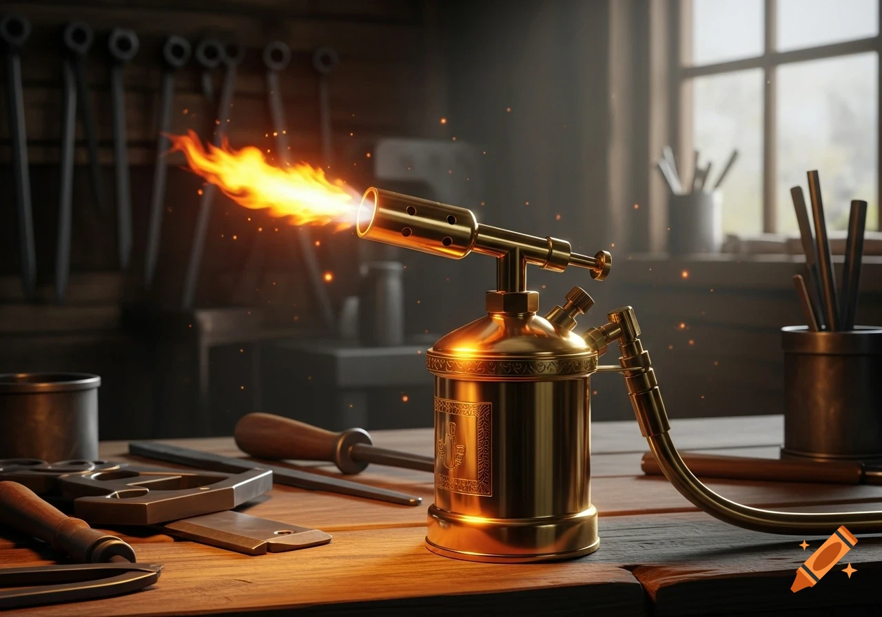 A glowing gold blow torch emits a bright flame on a wooden workbench, surrounded by various metal tools in a workshop.