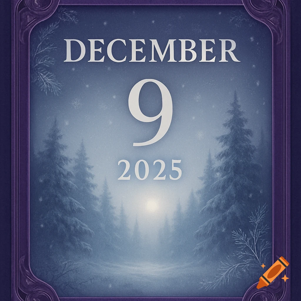 A calendar for December 9, 2025, framed in dark purple, with a snowy forest background.