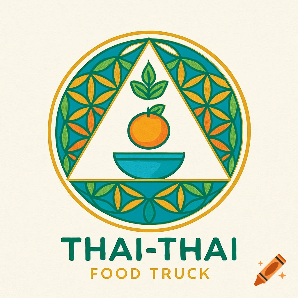 A vibrant food truck logo featuring a central orange, a bowl, and leaves within a triangle and patterned circle, with 'THAI-THAI FOOD TRUCK' text.